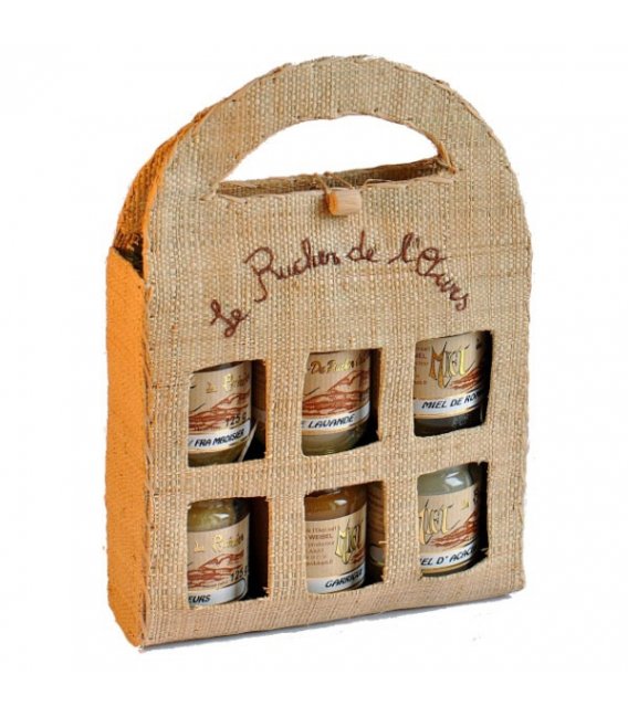 six 125g jars in a Malagasy raffia fabric case